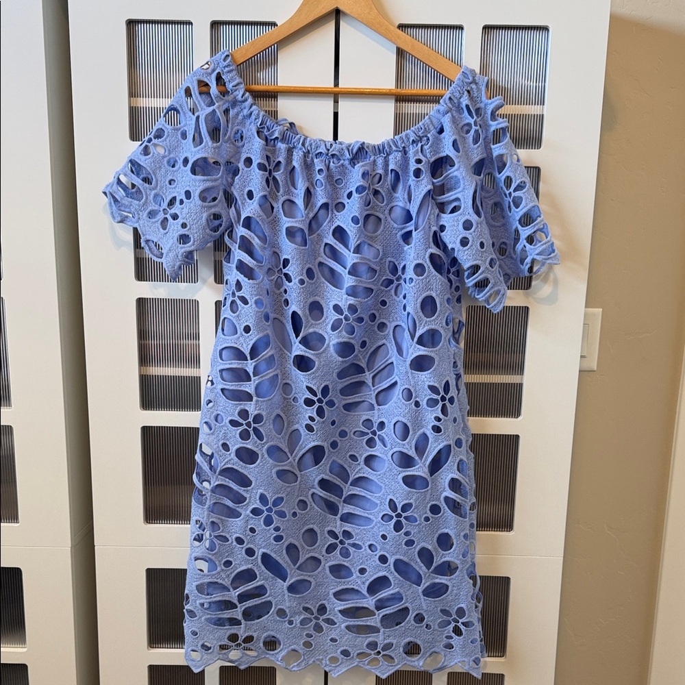 Blue Eyelet Off-Shoulder Dress